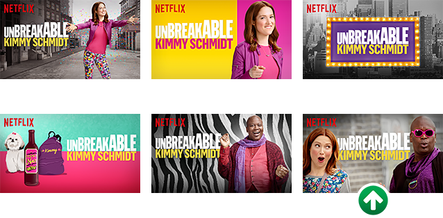 Selección de imágenes vinculadas a la serie Unbreakable Kimmy Schmidt. Destacada con una flecha, la pieza que provocó más engagement.
